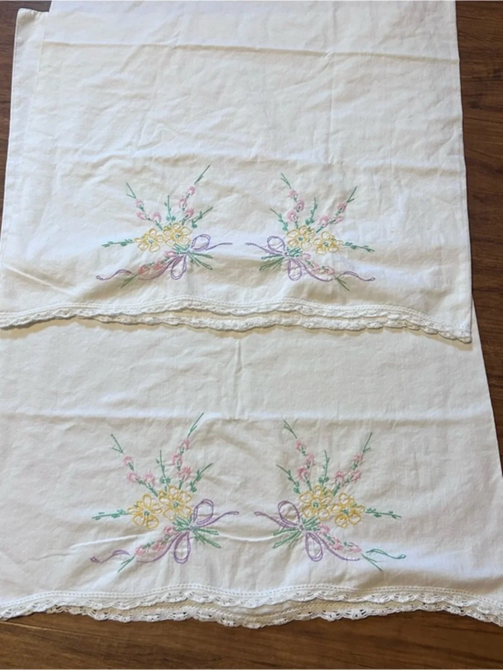 Vintage White Pillowcases with Pastel Floral Embroidery